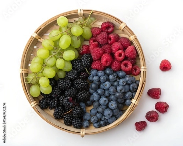 Obraz Blackberries and mixed fruits in bamboo basket on white view
