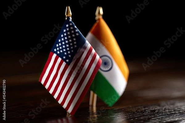 Fototapeta Two miniature flags one US and one India stand on a polished wooden surface Dark background