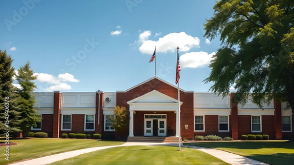 Fototapeta Front view of a classic school building on a bright sunny day, with a large red-brick façade