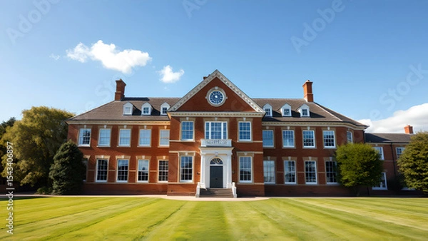 Fototapeta Front view of a classic school building on a bright sunny day, with a large red-brick façade