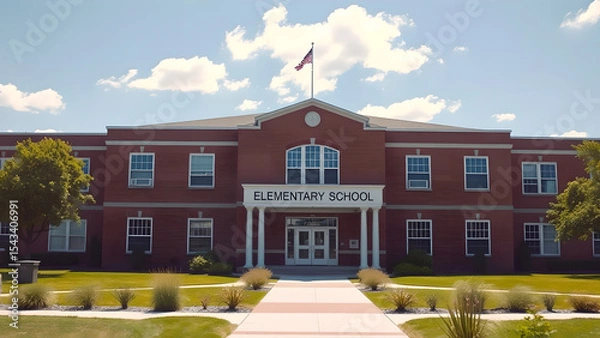 Fototapeta Front view of a classic school building on a bright sunny day, with a large red-brick façade