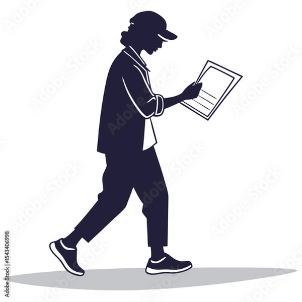 Fototapeta Silhouette of a person walking and reading a document with great focus