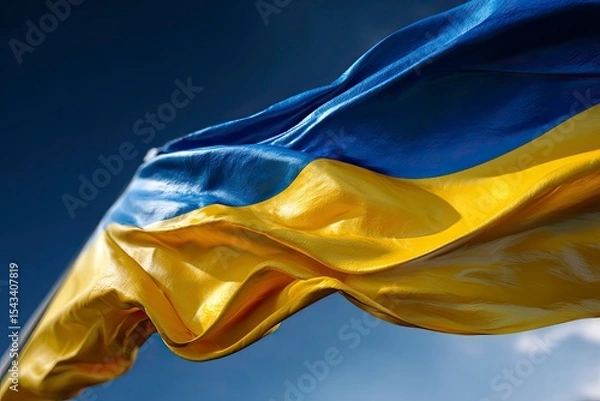 Fototapeta Ukraines flag billows the blue and yellow fabric ripples against a deep blue sky with hints of sunlight