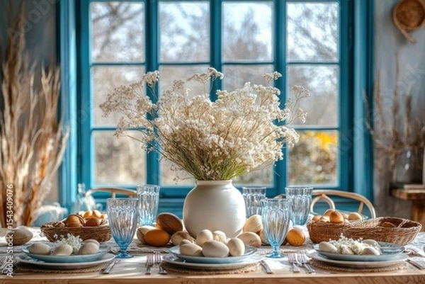 Fototapeta Vase with flowers and Easter eggs in pastel color. Decorated Easter table