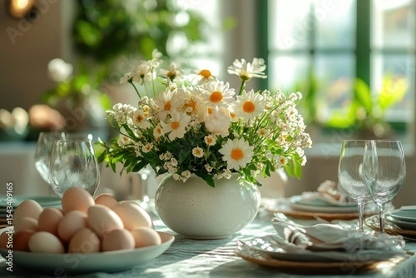 Fototapeta Vase with flowers and Easter eggs in pastel colors. Decorated Easter table on window background