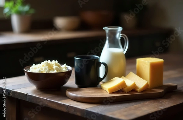 Obraz The antique wooden table is set with homemade farm dairy products such as cheese, cottage cheese and milk.