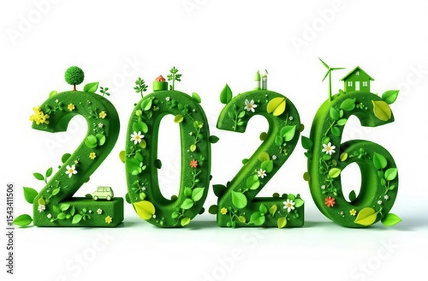 Obraz A three-dimensional green inscription "2026" made of green leaves and flowers