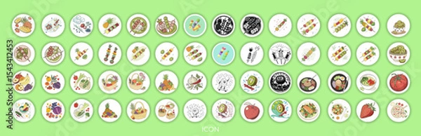Fototapeta Realistic 3D Icon Cartoon of Flying Fruit Skewers with Pineapple, Grapes, and Kiwi on a Light Pastel Mint Green Background	