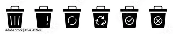 Obraz Conjunto de iconos sólidos de papelera. Contenedor de basura, reciclaje, eliminación y gestión de residuos. Ilustración vectorial