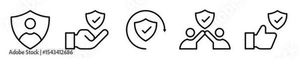 Obraz Conjunto de iconos de protección y seguridad. Confianza, respaldo y validación. Escudo con usuario, mano protectora, recarga segura, saludo confiable y aprobación positiva. Ilustración vectorial