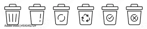 Obraz Conjunto de iconos de papelera. Eliminación, reciclaje y gestión de residuos. Basureros. Ilustración vectorial