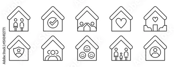 Obraz Conjunto de iconos de hogar. Unión, protección y bienestar. Casa con familia, pareja, aprobación, personas. Ilustración vectorial