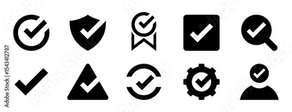 Obraz Conjunto de iconos de vistos de aprobación. Verificación, cumplimiento y confianza. Escudo, engranaje, lupa, lista, usuario. Ilustración vectorial