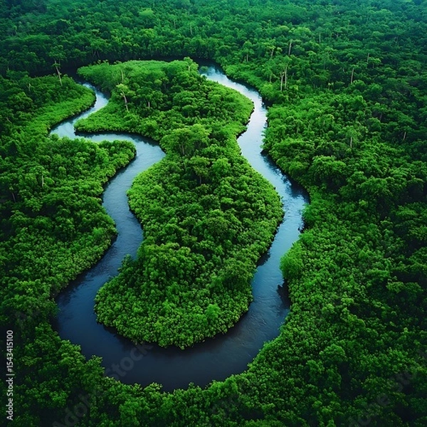 Fototapeta Aerial View of a Curving River Flowing Through a Lush, Green Tropical Rainforest