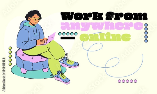 Fototapeta Remote Work Illustration with Person Using Laptop