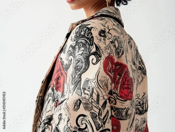 Fototapeta Close-up of tattoo-patterned jacket with sketched motifs gothic lettering and mythical creature details