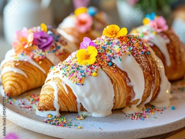 Fototapeta Croissants filled with ice cream dipped in colorful icing and decorated with flowers and sprinkles