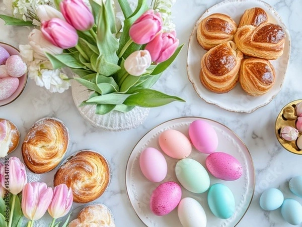 Fototapeta Easter brunch setup with colorful dyed eggs pastries and fresh tulips as vibrant centerpiece