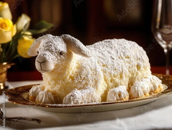 Fototapeta German osterlamm cake shaped like a lamb dusted with powdered sugar on an elegant platter