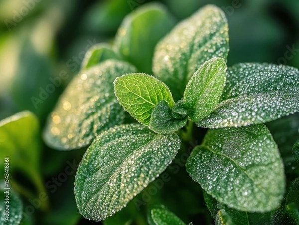 Fototapeta Close-up of green leaves and plants with soft morning light, gentle breeze, spring is in the air