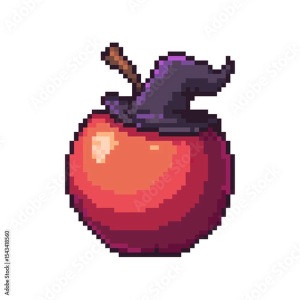 Fototapeta Pixel Art Magic Apple with Wizard Hat, Pixel art illustration of a red apple wearing a dark purple wizard hat, complete with a tiny stem.