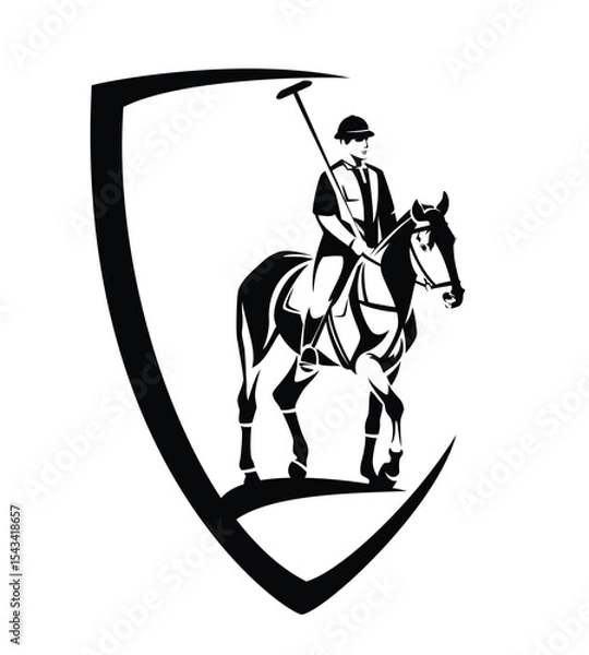 Obraz heraldic shield with jockey holding mallet and riding polo pony horse - horseback sportsman black and white vector design for club emblem
