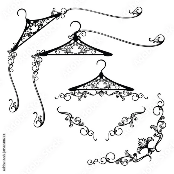 Obraz black and white vector design set of elegant calligraphic page decorative elements with luxurious vintage coat hangers for fashion atelier