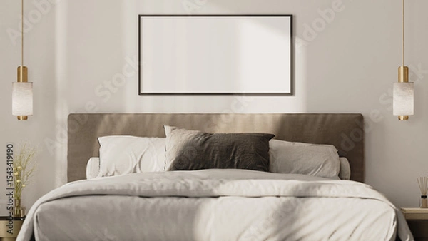 Fototapeta Horizontal frame mock up above the bed in modern bedroom interior, front view, 3d render