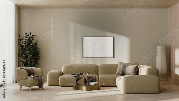 Fototapeta Horizontal frame mock-up in modern living room interior in beige tones, 3d render
