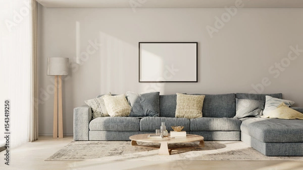 Fototapeta Horizontal picture frame in modern living room interior with blue sofa and white wall, 3d render