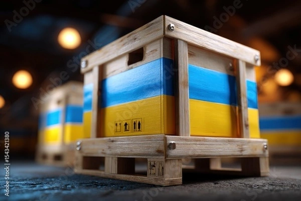 Fototapeta Wood crates painted with Ukrainian colors rest on pallets in a warehouse setting lit by ceiling lights