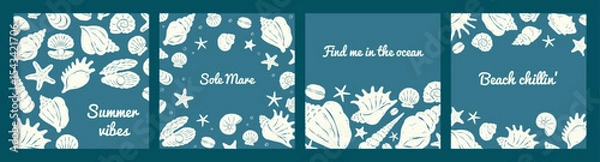 Fototapeta Collection of square cards with hand drawn seashells and text on blue green background. Rough lines and italian sketch style. Flat vector illustration. Perfect for poster, cover, social media.
