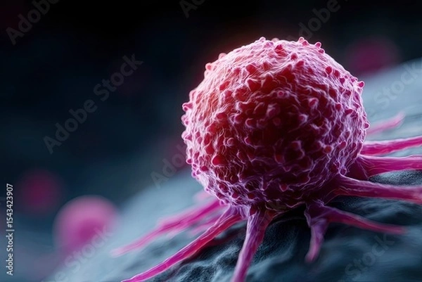 Fototapeta A 3D rendered red and purple cancer cell with protrusions sits on a dark surface against a dark background