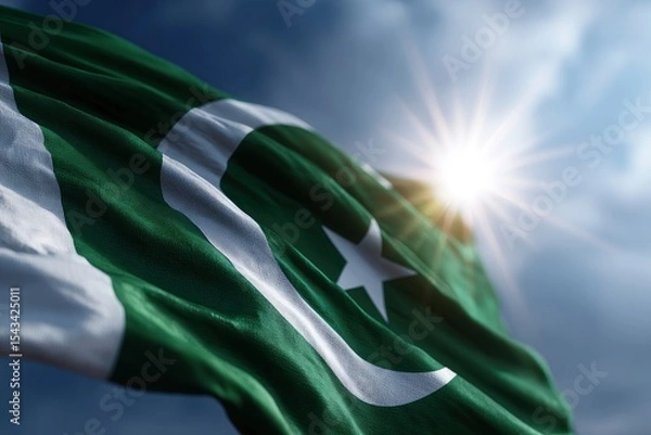 Fototapeta A billowing flag of Pakistan in shades of green and white partially illuminated by sunlight