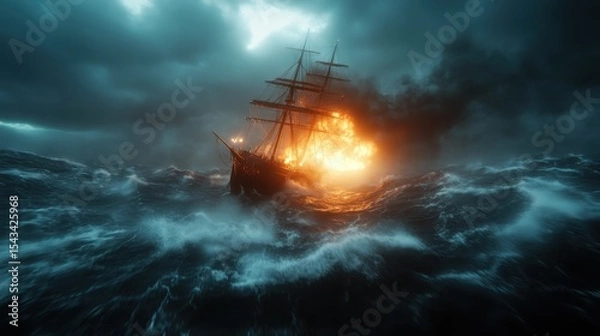 Fototapeta An intense image showcasing a ship ablaze amidst wild, stormy seas, highlighting the fierce power of nature and the vulnerability of mankind against the elements.