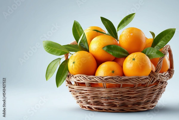 Fototapeta A rustic wicker basket brimming with vibrant, ripe oranges and fresh green leaves, isolated on a clean white background, evoking freshness
