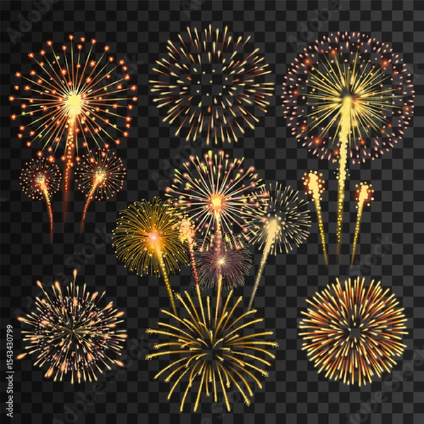 Fototapeta Bright golden fireworks bursts isolated on a transparent background, ideal for celebration and festive design elements. Vector illustration
