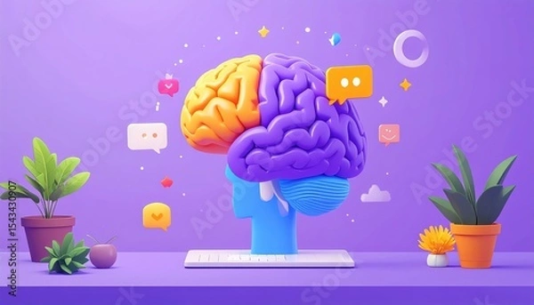 Fototapeta Creative Brainstorming: Colorful Brain with Icons, Plants and Head on Violet Background