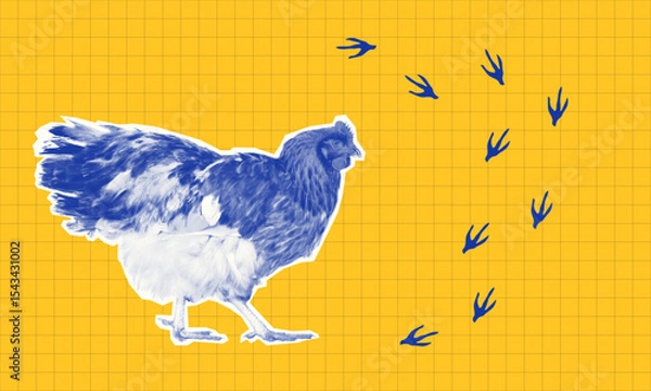 Fototapeta Blue hen halftone Silhouette with Footprints on Grid yellow Background