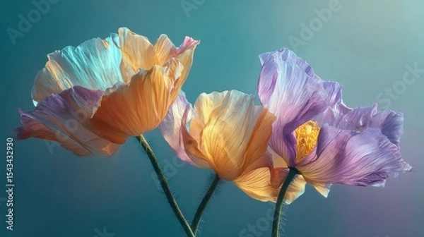Obraz macro shot poppy flowers with translucent petals, golden yellow and lavender purple colors