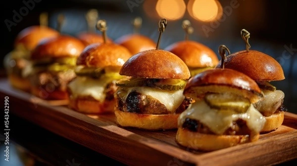 Obraz mini burgers with melted cheese on top, pickle slices, glossy slider buns
