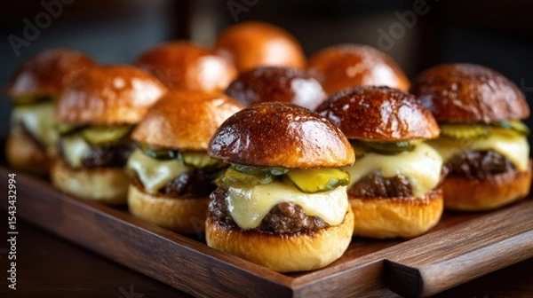 Obraz mini burgers with melted cheese on top, pickle slices, glossy slider buns