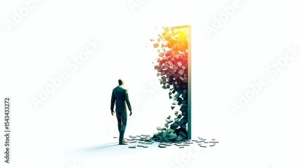 Fototapeta Man Walking Through Door of Transformation and New Beginnings