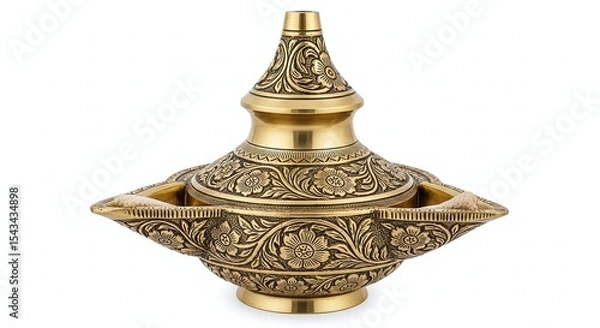 Fototapeta Indian Brass Oil Lamp with Floral Patterns, Isolated on White Background. Generative AI