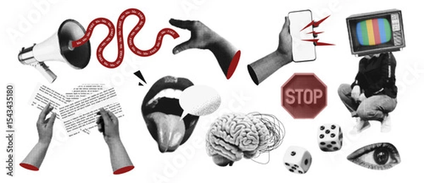 Obraz Fake news. Vintage collage conception. Retro halftone brain, loudspeaker, telephone, newspaper mouth, hand, TV, eye. Propaganda misinformation. Vector background.