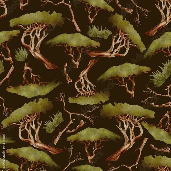 Fototapeta Cute watercolor pattern with trees. Africa, safari, nature. Seamless print on dark background