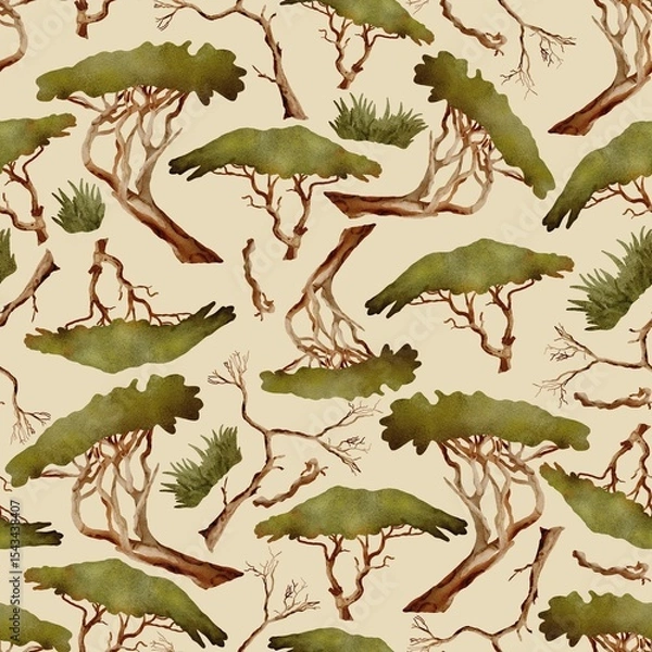 Fototapeta Cute watercolor pattern with trees. Africa, safari, nature. Seamless print on light background