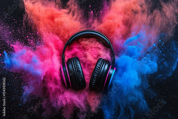 Obraz Headphones Surrounded by Color Powder – Creative Sound Concept

