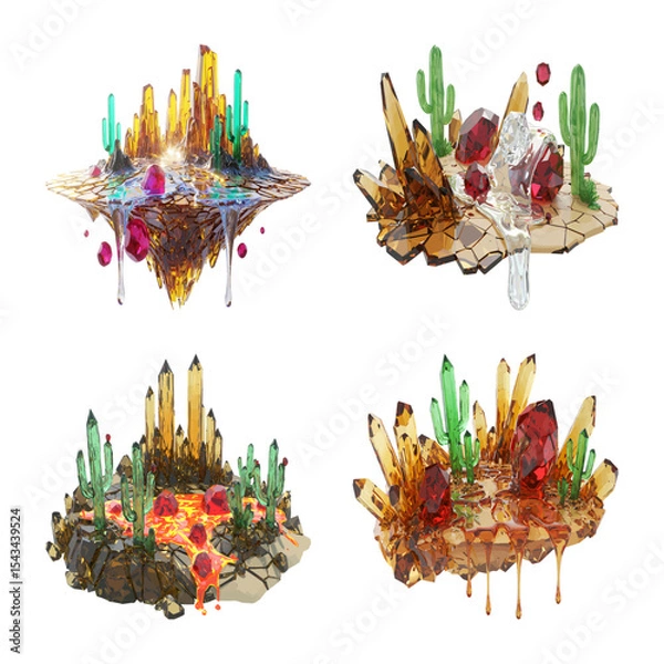 Fototapeta Floating crystal islands desert landscape vibrant cacti glistening gems dripping amber, smooth glossy surface rich color palette gold teal crimson green and hints of brown.