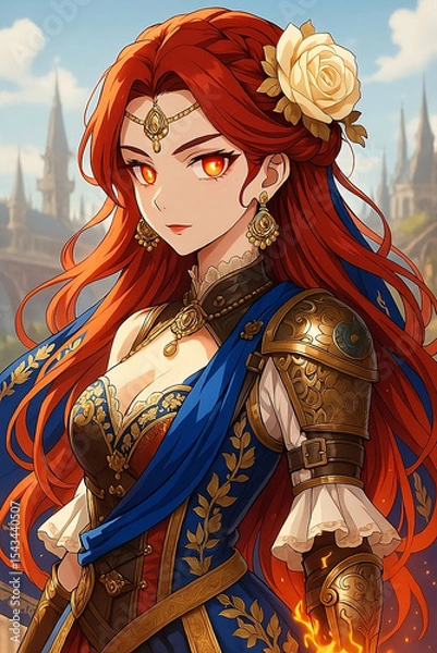 Fototapeta Enchanting Sorceress with Fiery Eyes and Golden Armor